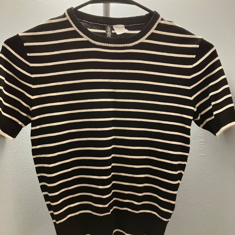 Divided Black and White Striped Crewneck Sweater